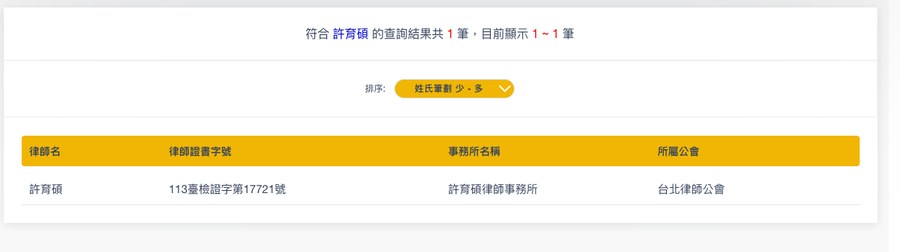 法務部律師查詢系統查詢結果：許育碩，律師證書字號113臺檢證字第17721號，許育碩律師事務所，台北律師公會